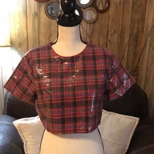 Day + Moon Women Plaid Sequin Crop Top Size S